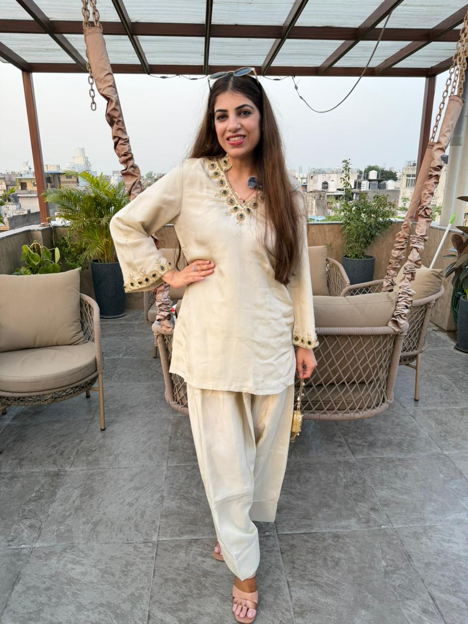 Shimmer tissue partywear 2 pc farshi set with emerald green stone work