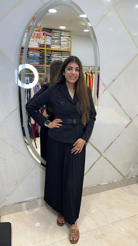 Japanese fabric western 2 pc, set with pleated skirt and handwork