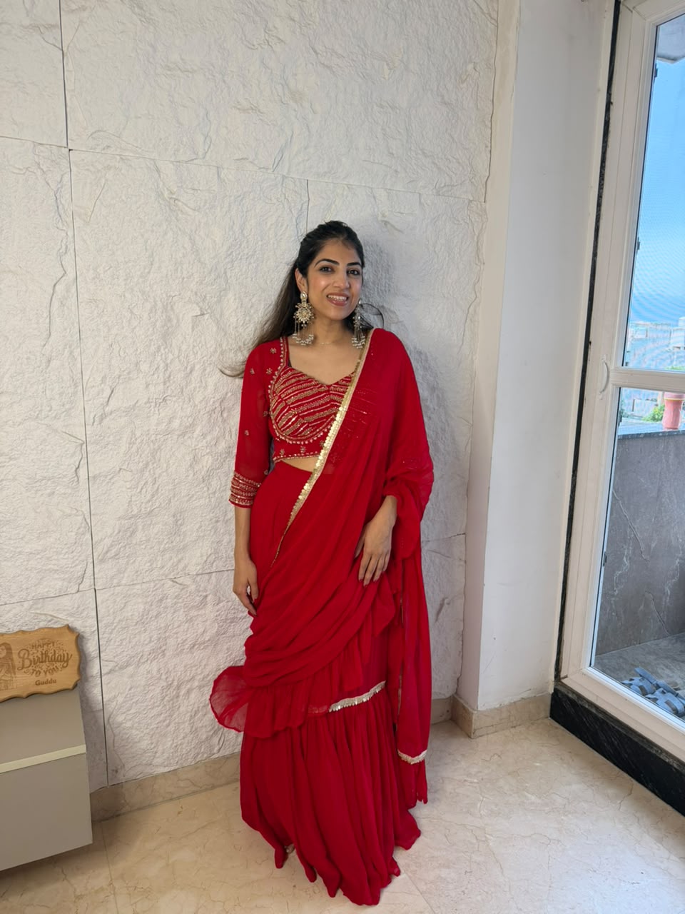 Viscose georgette full sleeves handwork drape saree with can can