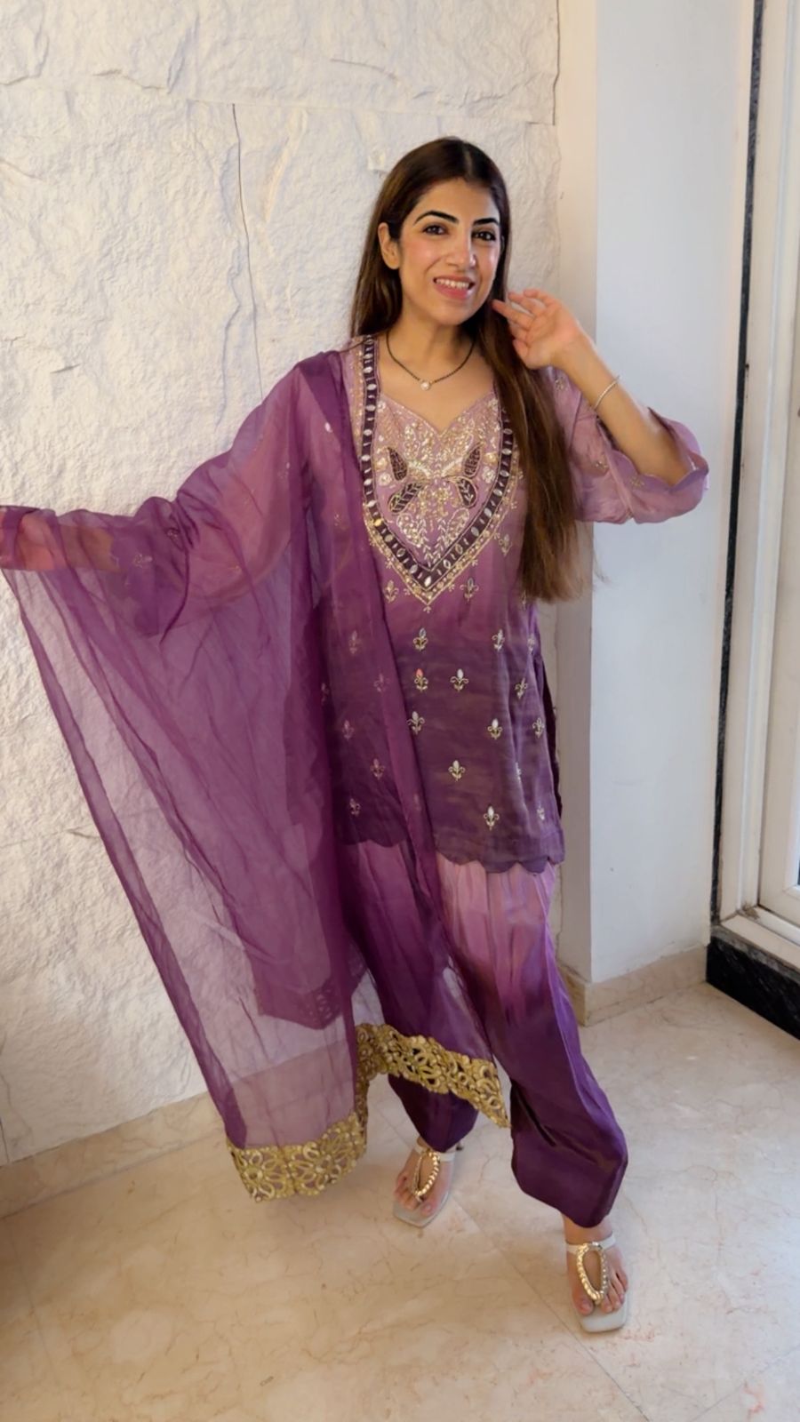 Shimmer tissue ombre farshi set with handwork with organza dupatta