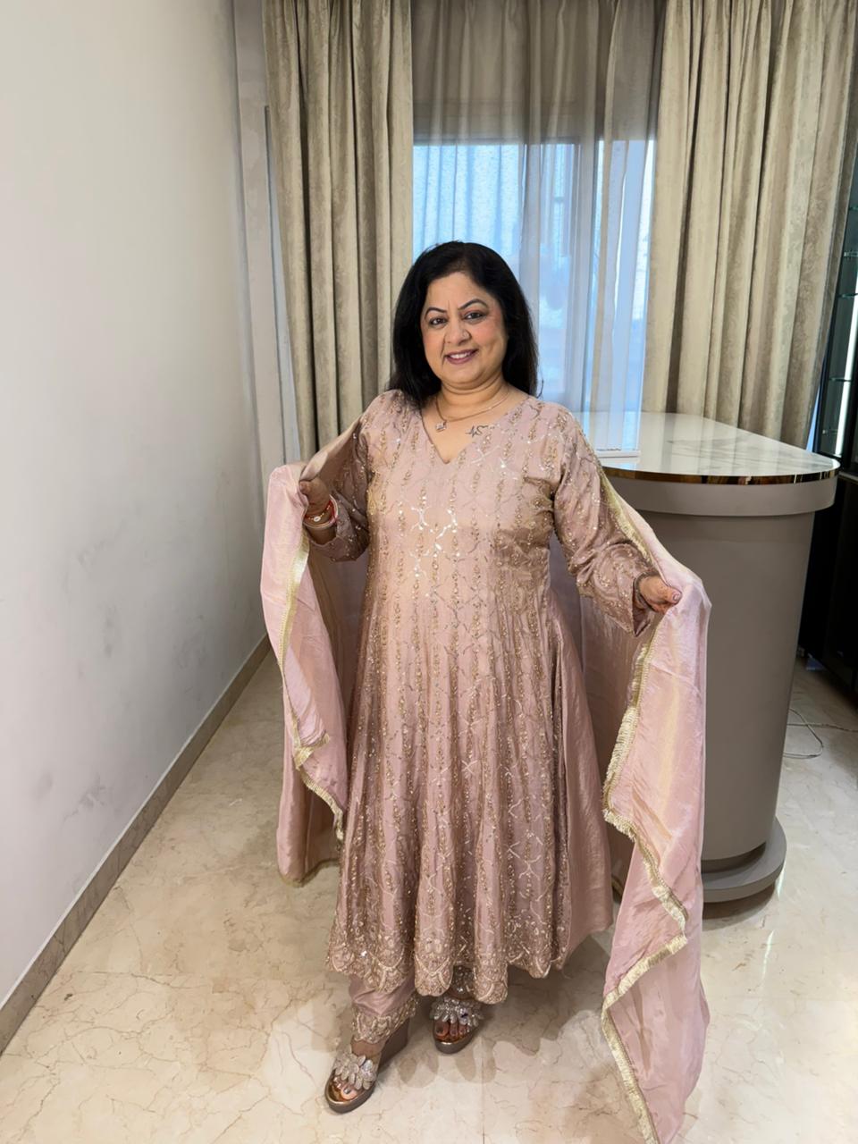 Pure shimmer tissue 3pc, long anarkali set infront all over handwork