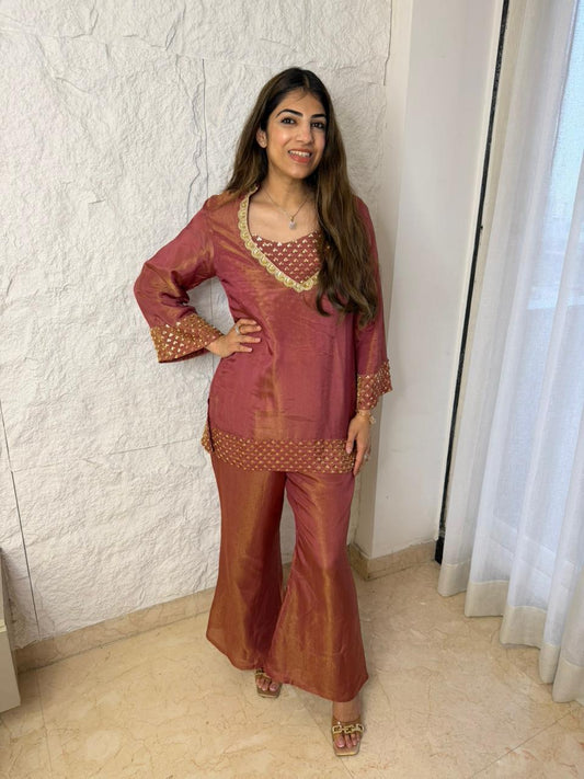 Pure shimmer tissue 2pc,co-ord set with separate - inner with bell bottom plazo nd all over handwork