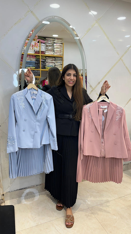 Japanese fabric western 2 pc, set with pleated skirt and handwork