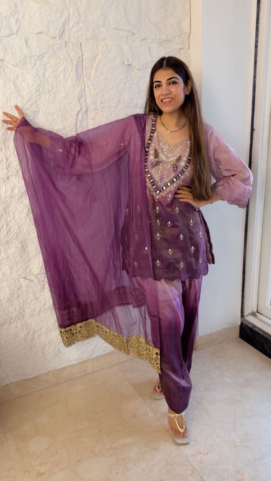 Shimmer tissue ombre farshi set with handwork with organza dupatta