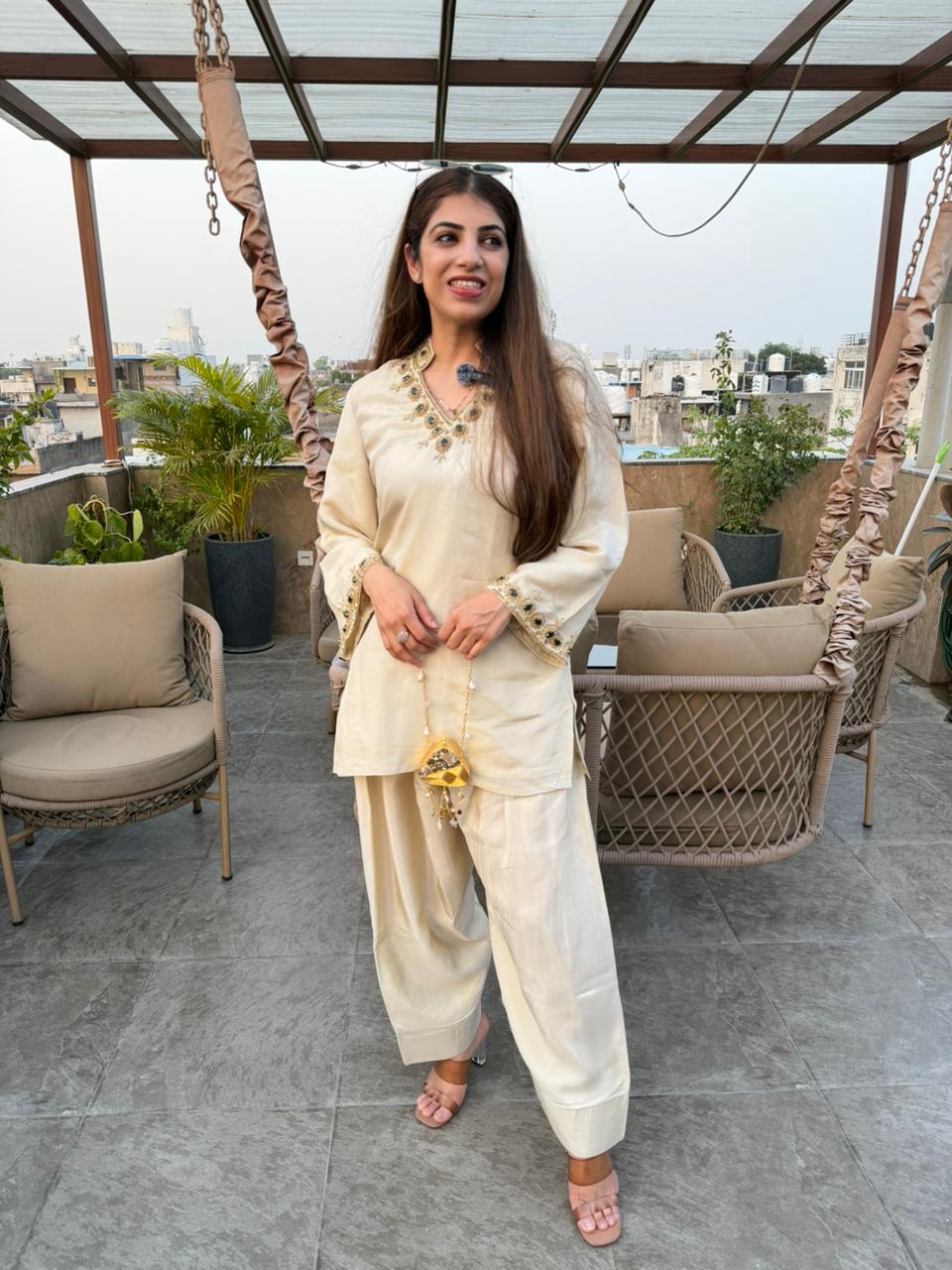 Shimmer tissue partywear 2 pc farshi set with emerald green stone work