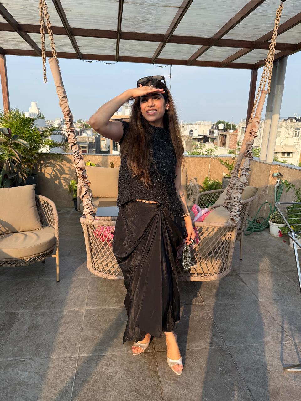 Crepe- indo-western Two peice drape skirt with handwork Top