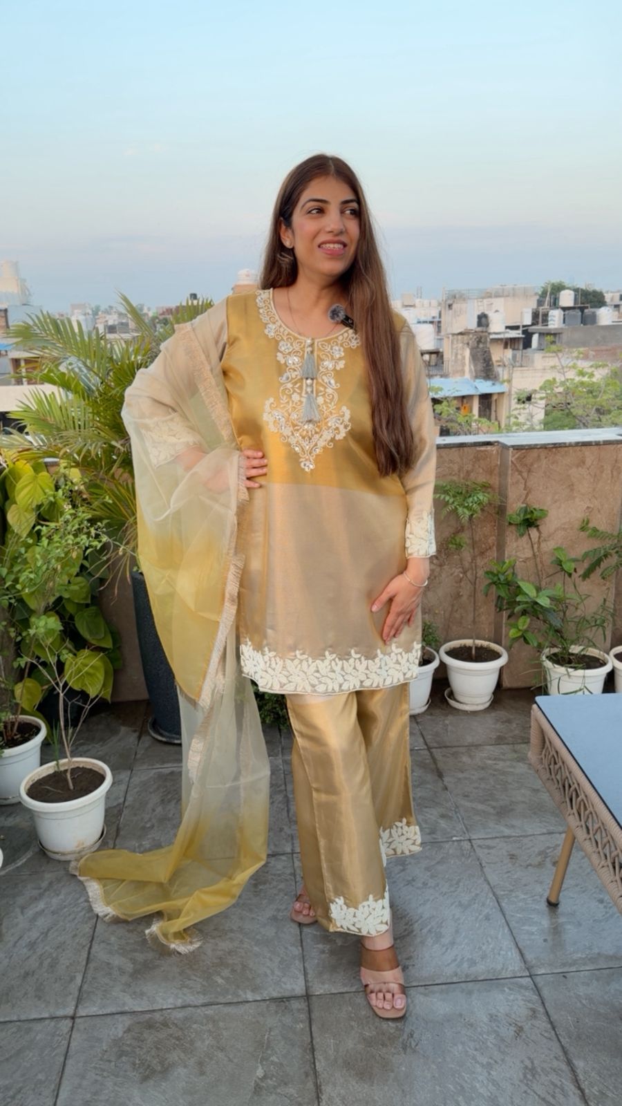 Pure banarasi silk 3pc set  with moti work- neck sleeves nd plazo all over with organza dupatta