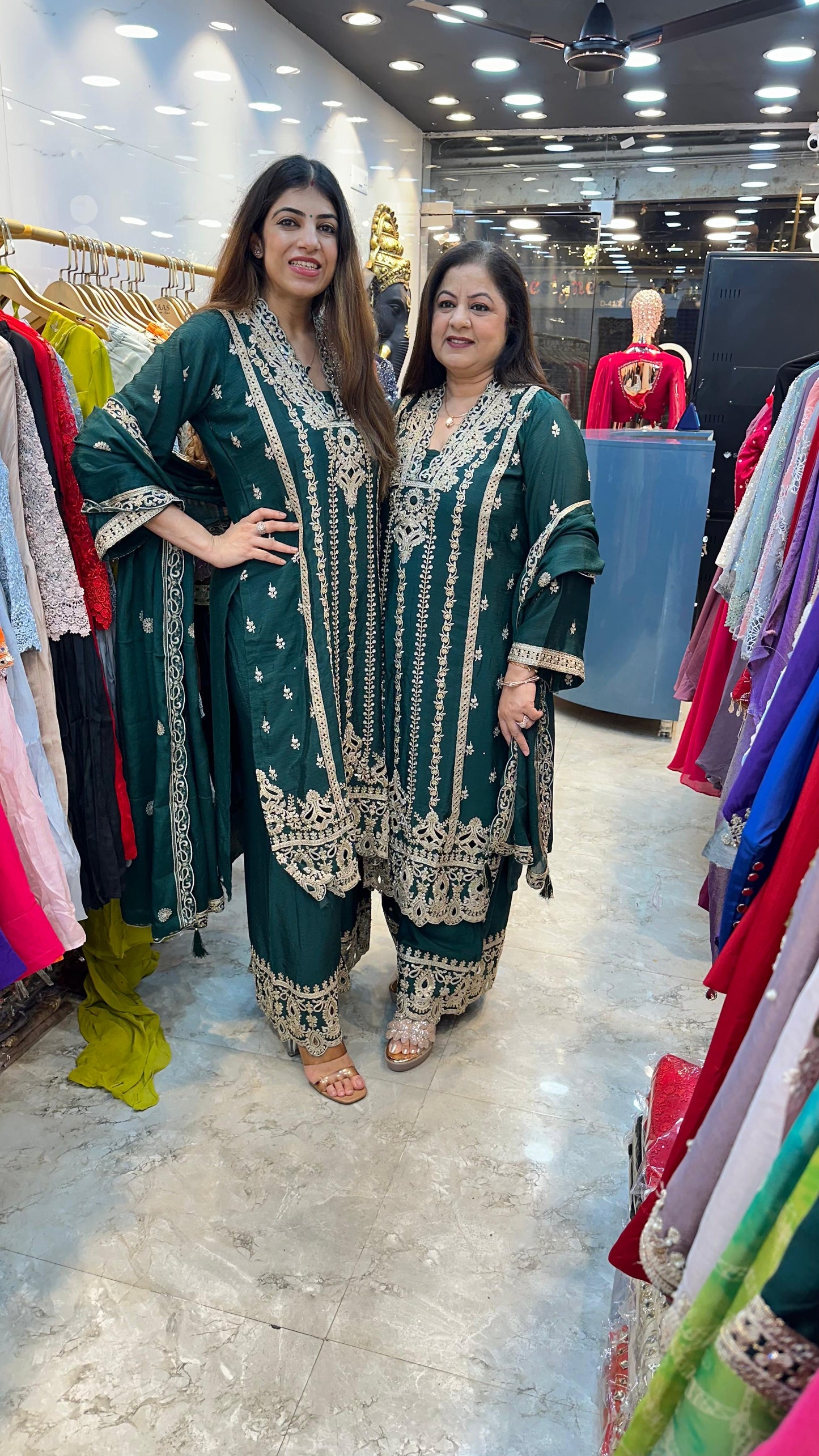 Chinon 3pc set partywear with plazo nd dupatta four side border