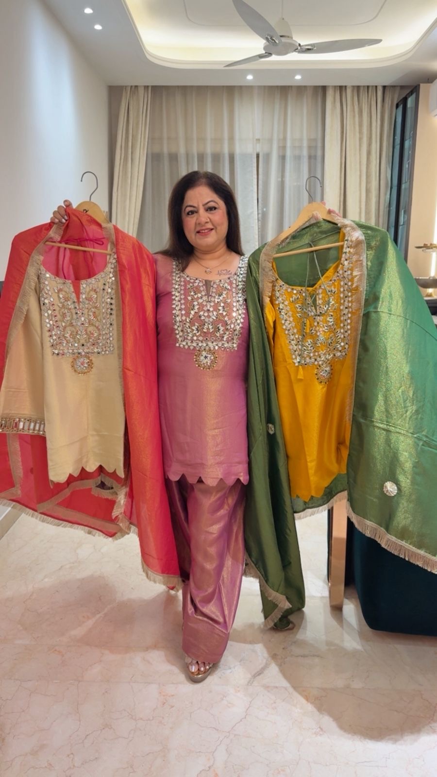Shimmer tissue Farshi salwar 3pc set mirror work with combinations dupatta