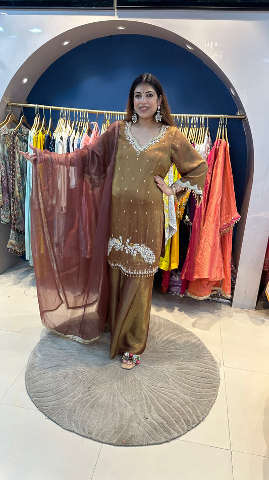 Shimmer tissue 3 pc partywear suit with organza dupatta with complete handwork on shirt with kali palazzo