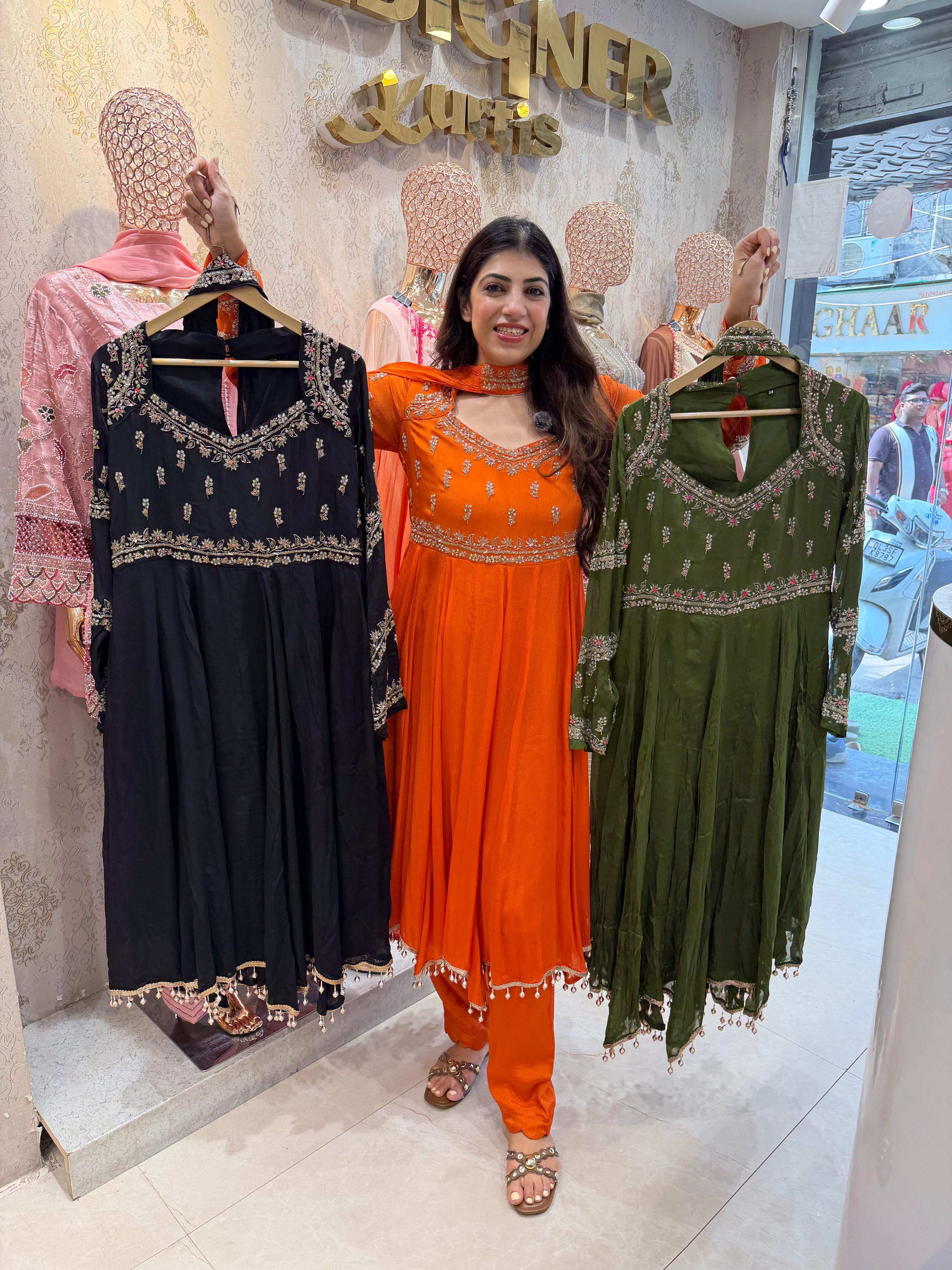 Pure Chinon  long partywear 3,peice set with all handwork & choker neck dupatta