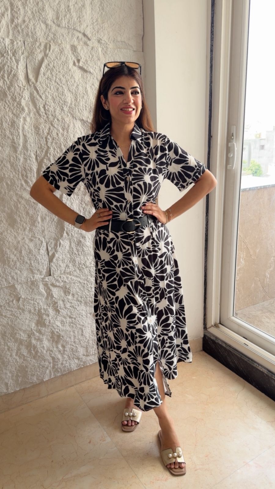 Imported fabric Resort shirt dress with belt
