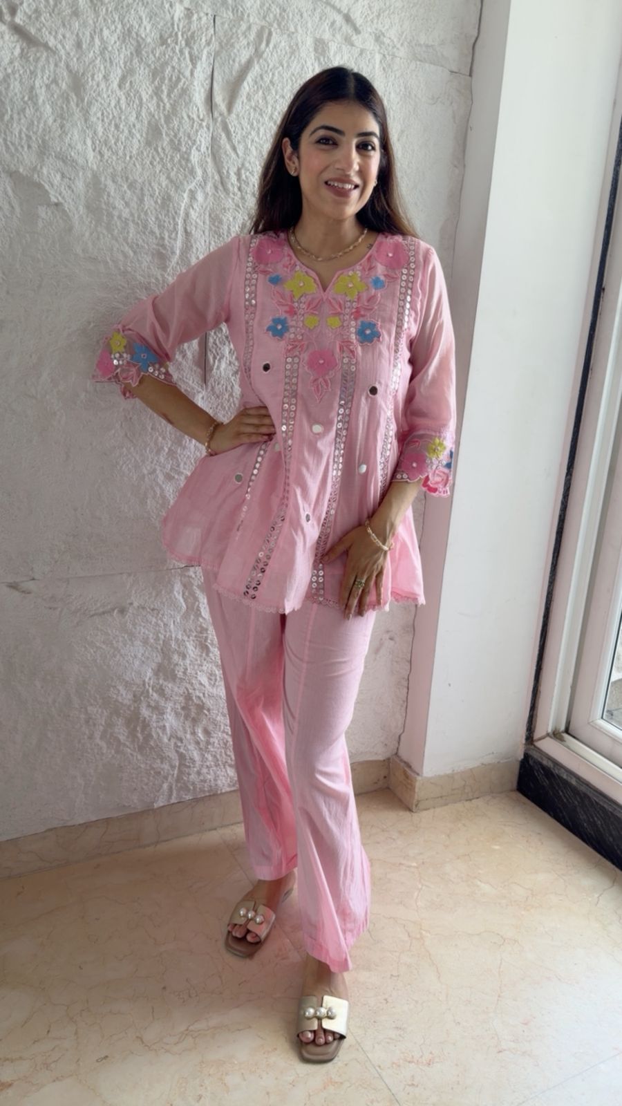 Mul cotton  peplum  set with  embroidery & dupatta
