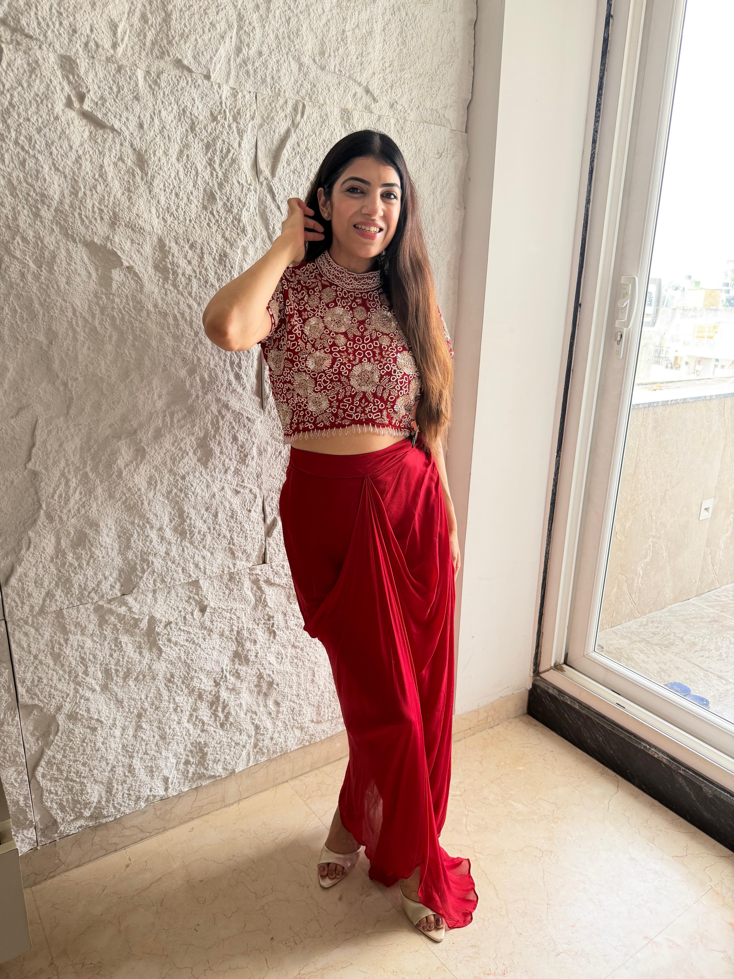 Pure Chinon  Two-peice drape skirt & crop Top with all handwork