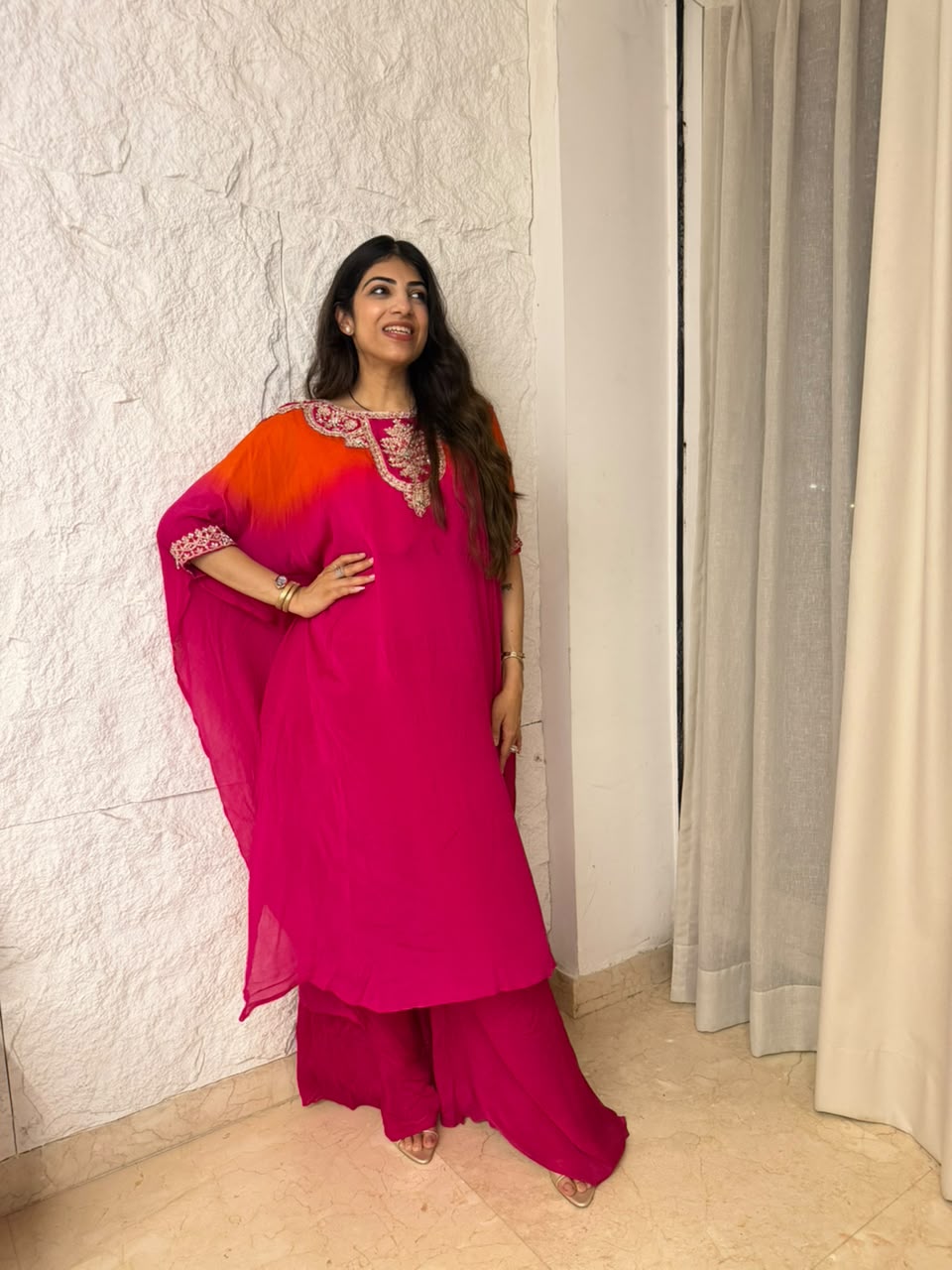 Pure Chinon ombre Kaftan set with front back handwork & bell bottom plazo