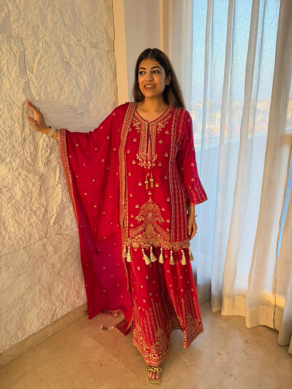 Pure Chinon 3 pc, partywear suit with handwork nd machin embroidery