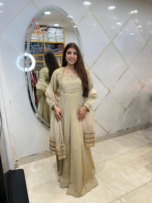 Shimmer crushed long anarkali with handwork and organza duppata