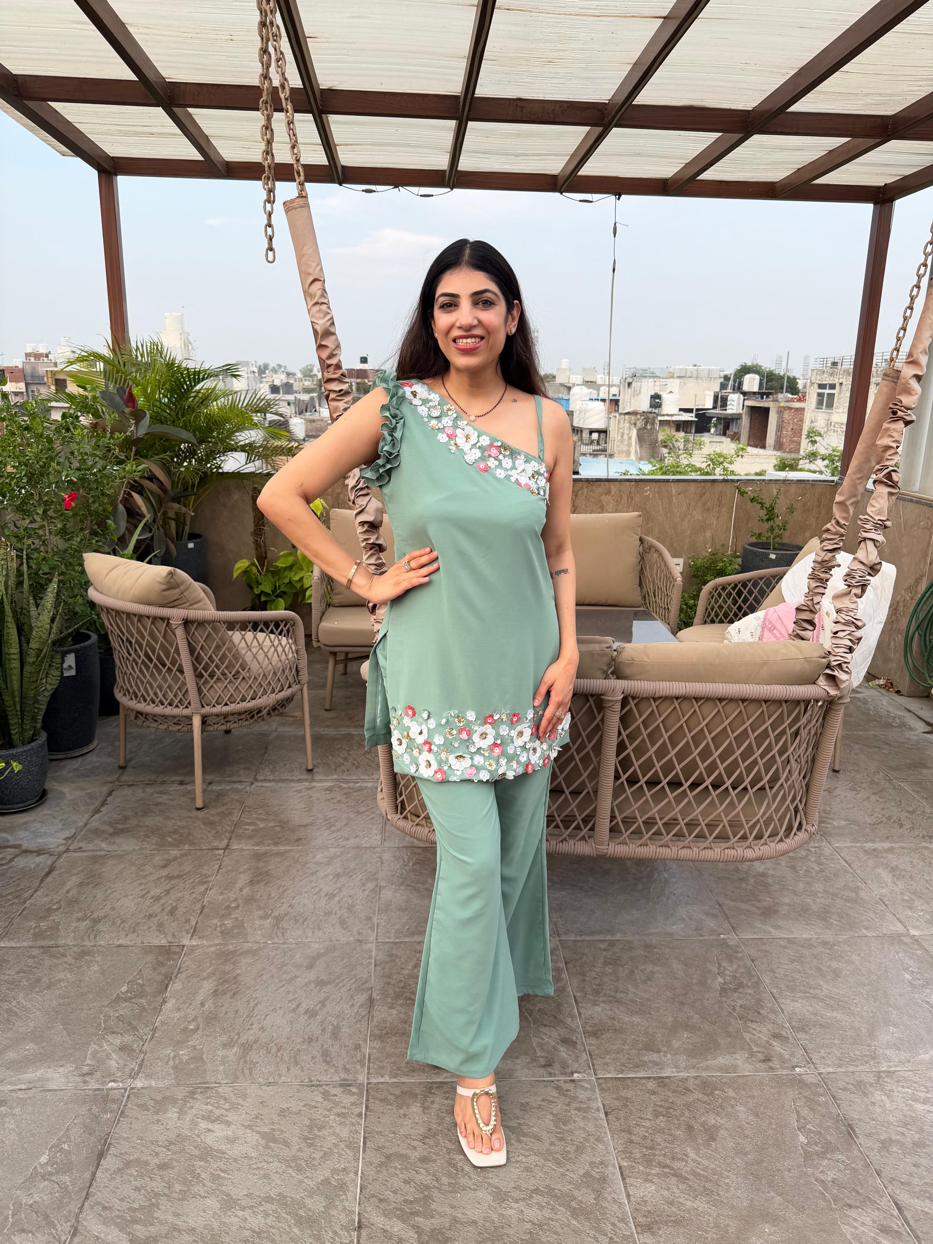 Viscose indo-western handwork Two-peice set with bell bottom