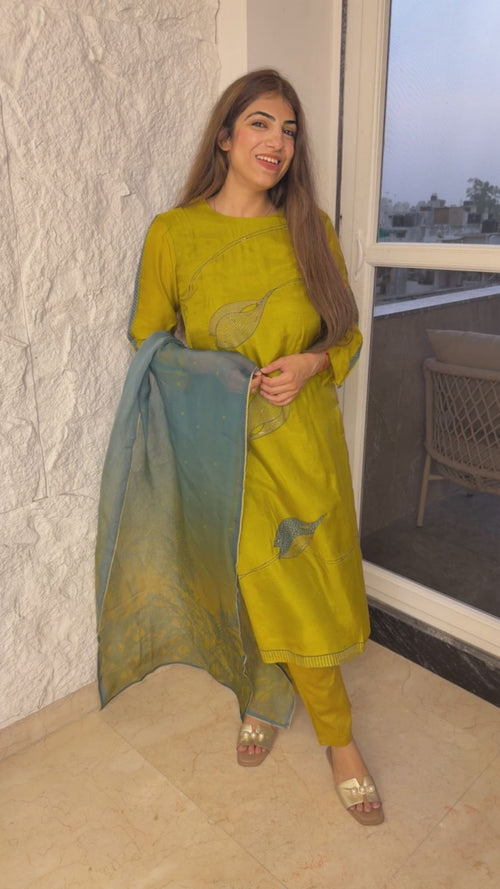 Dola silk 3 pc suit with embroidery motif with ombré dupatta