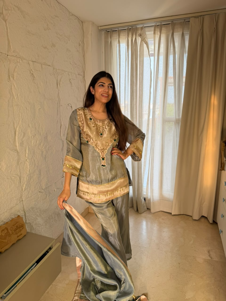 Cosmo fabric 3,pc set handwork with bell bottom & dupatta