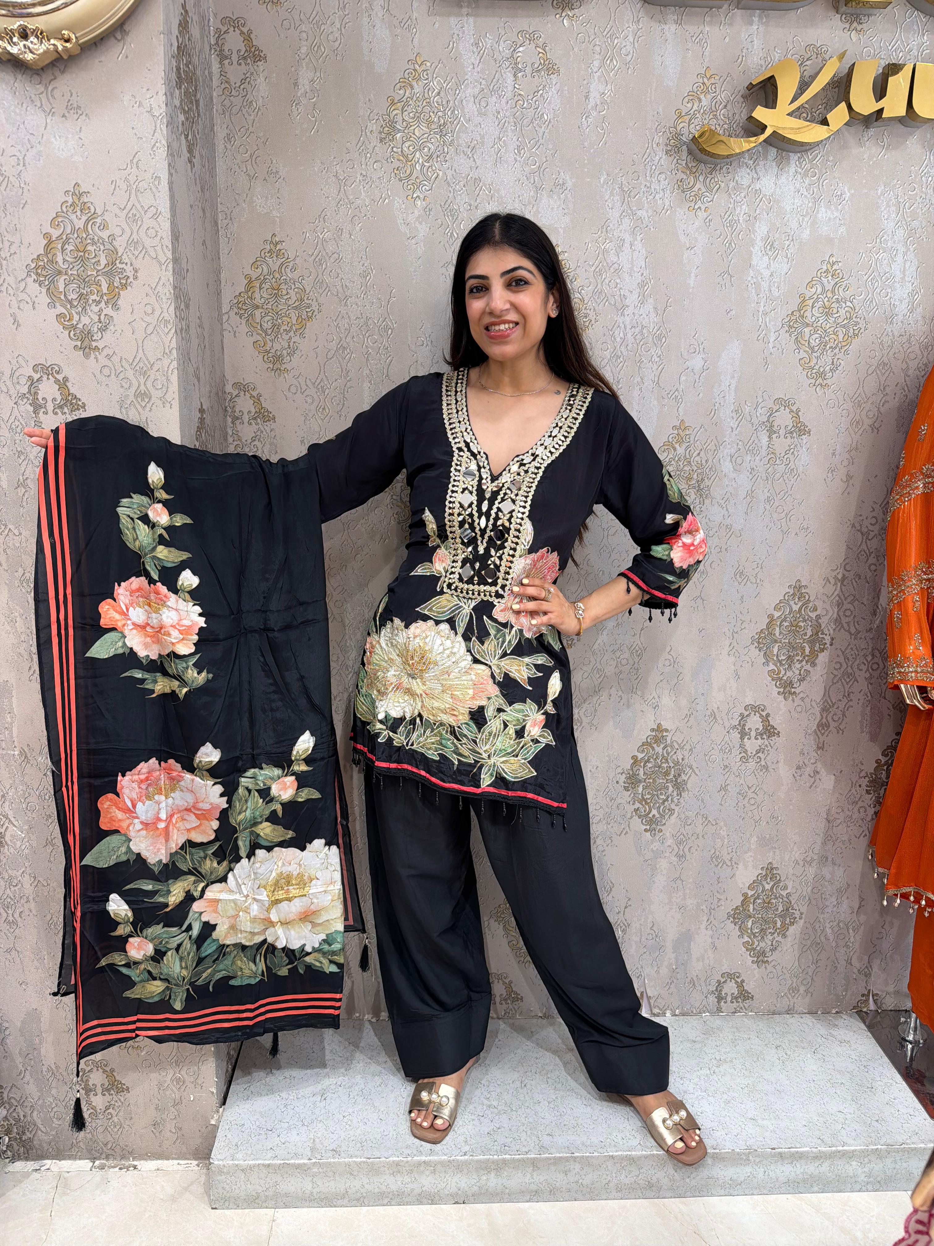 Crepe embroidery & mirror work 3,peice farshi salwar set