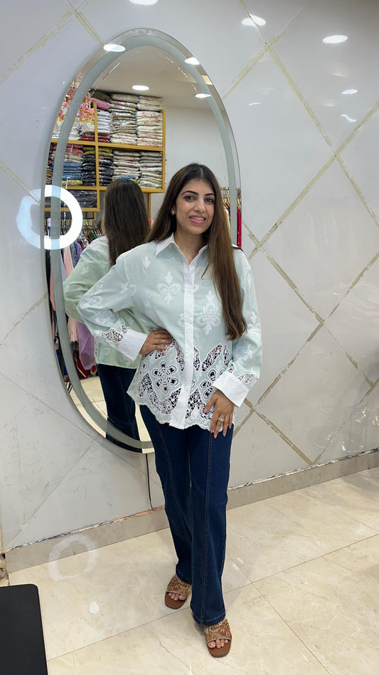 Cotton schiffli  shirt with cutwork design