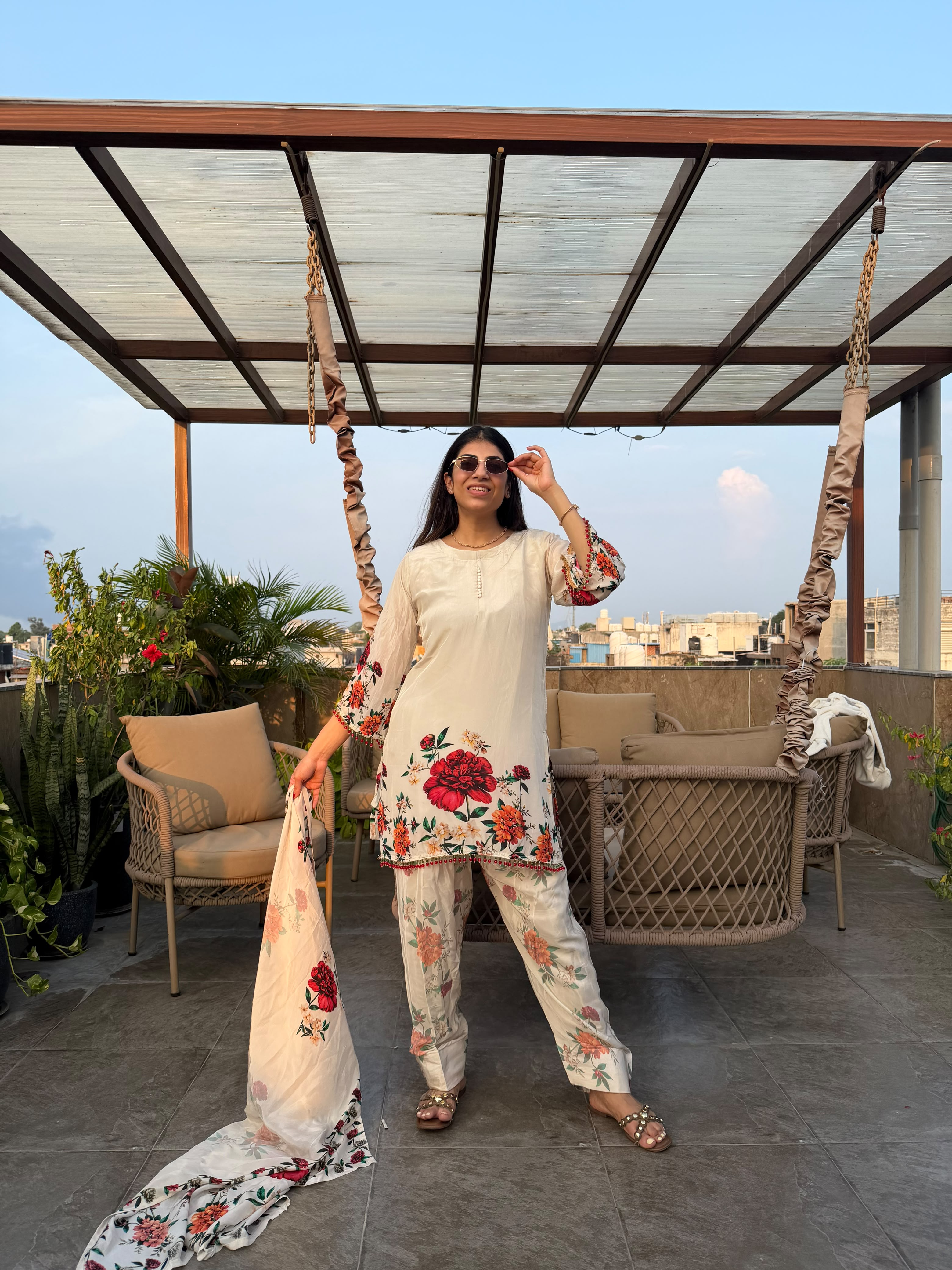 Natural crepe floral print Farshi set with dupatta