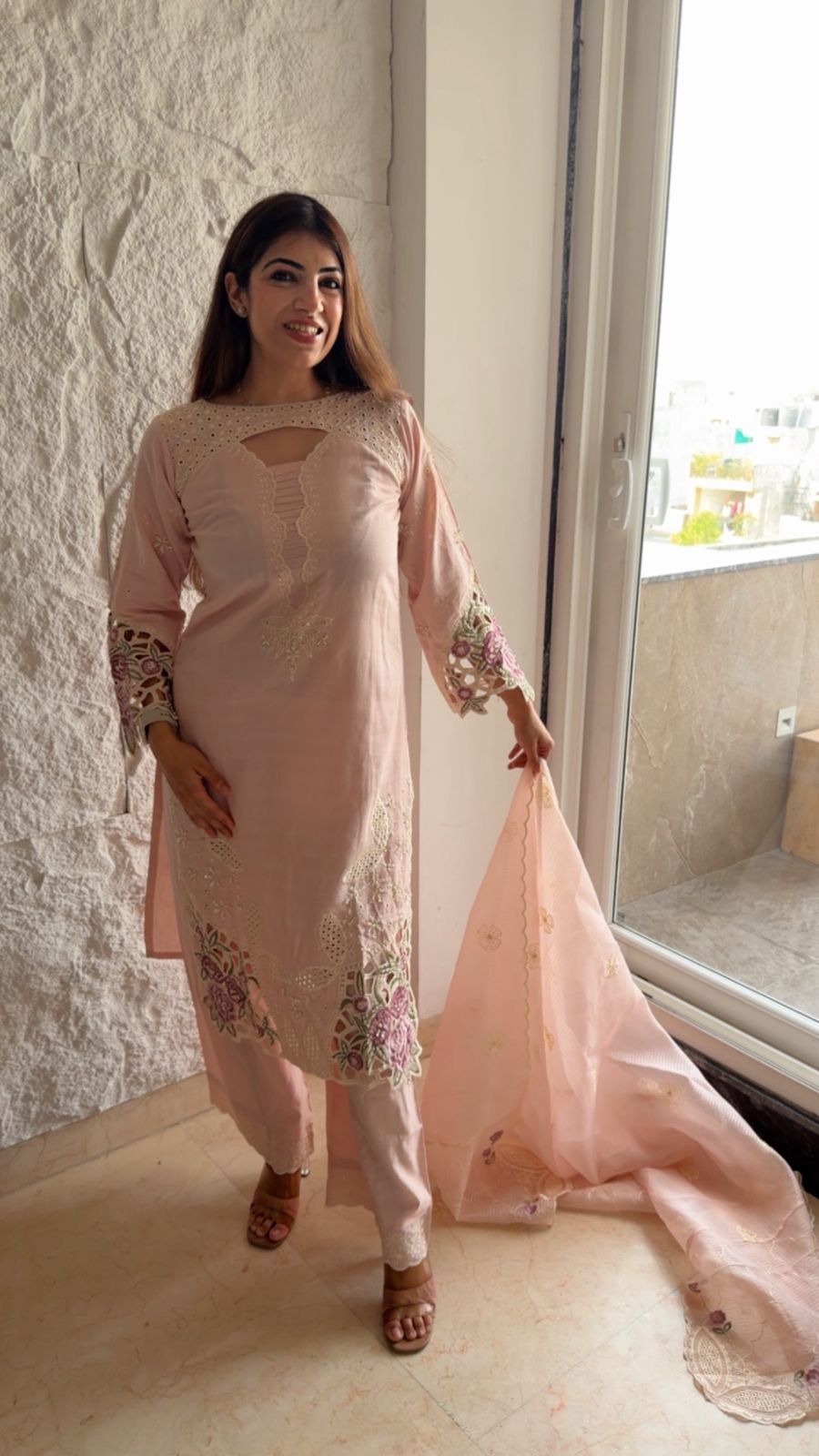 Imported cotton 3 pc Pakistani cutwork suit with embroidery
