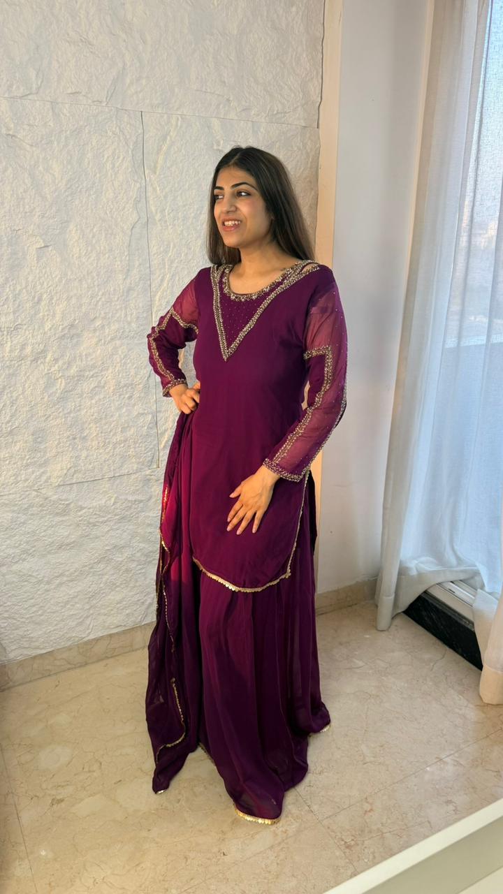 Pure viscose georgette, 3pc partywear suit- with neck line all over sleeves handwork