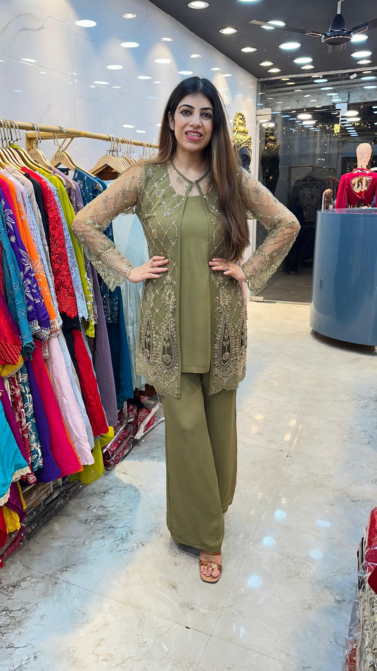 Viscose georgette indo-western 3pc set with net fabric jacket on all handwork front nd back