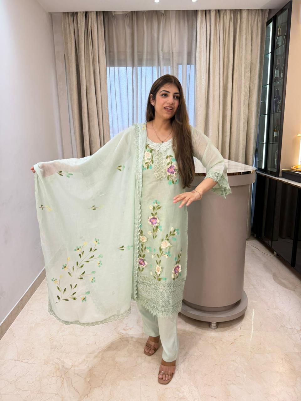 Self cotton brush print 3pc suit with cotton lining