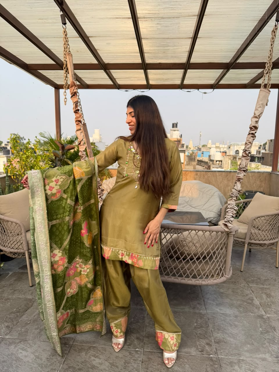 Pure cosmo fabric farshi set with handwork & digital dupatta
