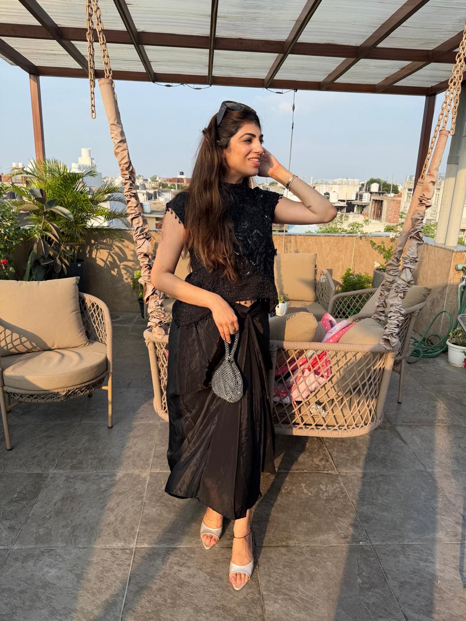 Crepe- indo-western Two peice drape skirt with handwork Top