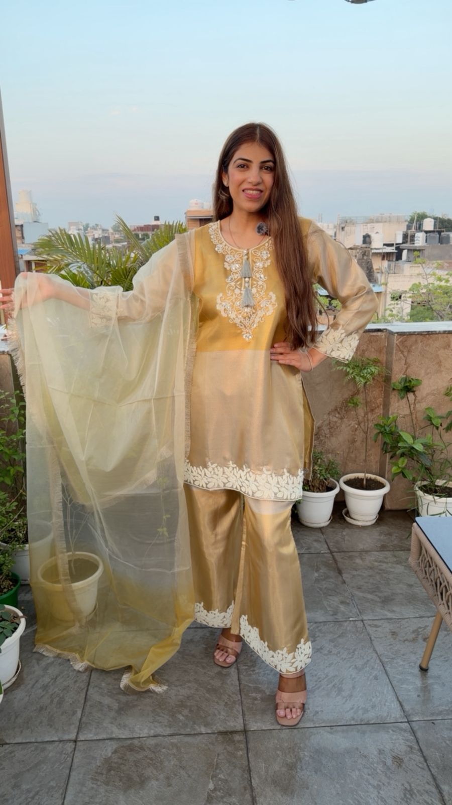Pure banarasi silk 3pc set  with moti work- neck sleeves nd plazo all over with organza dupatta