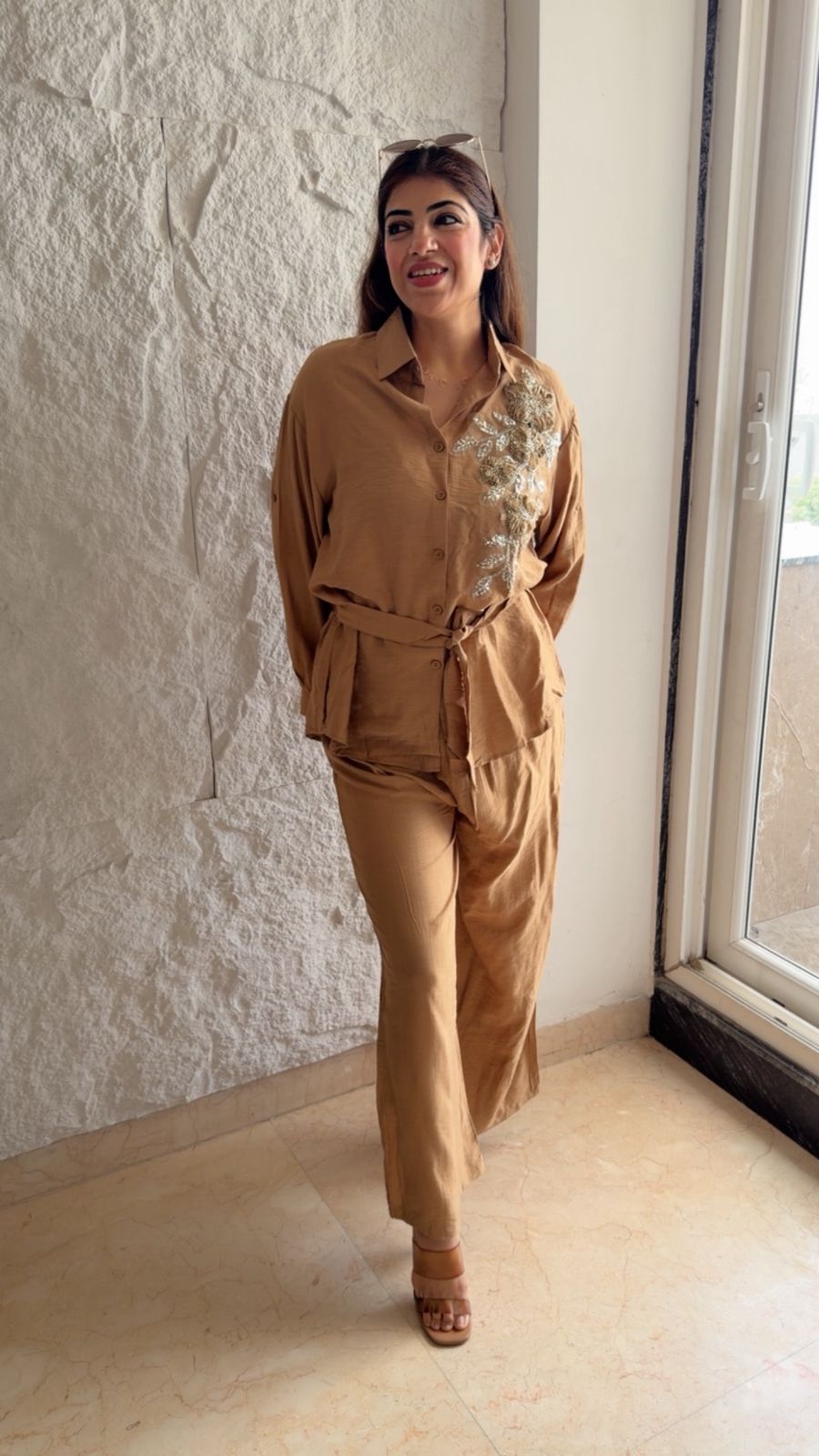 Linen cotton 2 pc embroidered co-ord set with belt (can fit upto xxl)