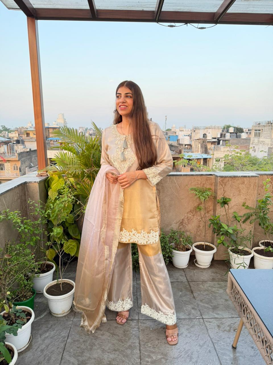 Pure banarasi silk 3pc set  with moti work- neck sleeves nd plazo all over with organza dupatta