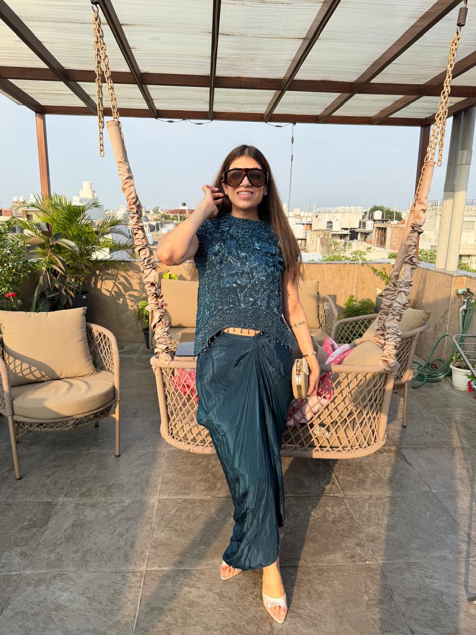 Crepe- indo-western Two peice drape skirt with handwork Top