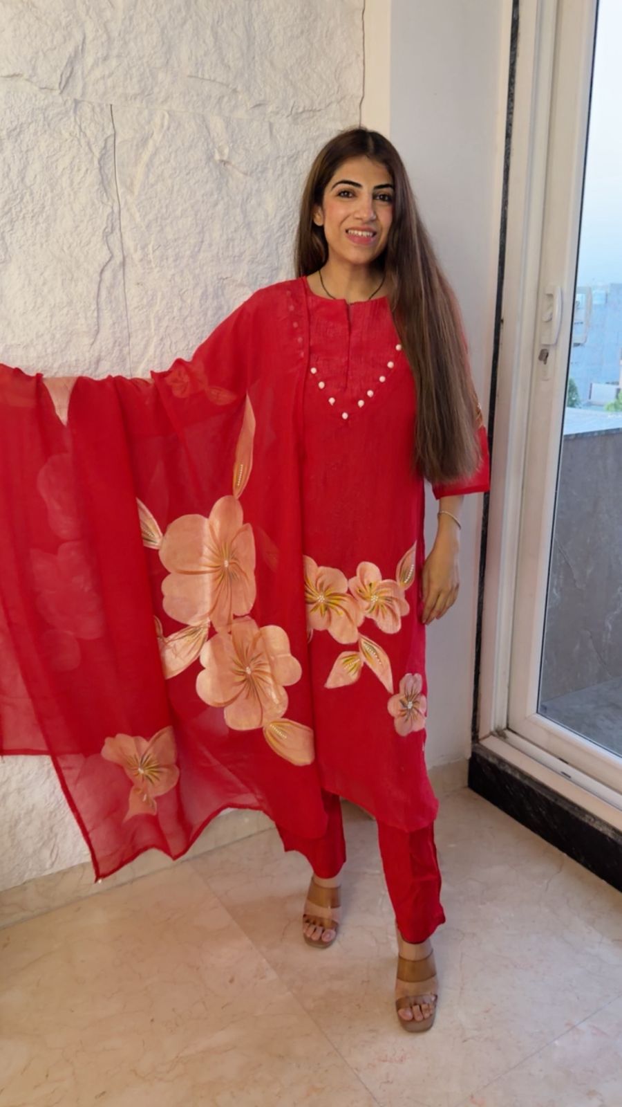 Handpainted suit with organza hand painted dupatta