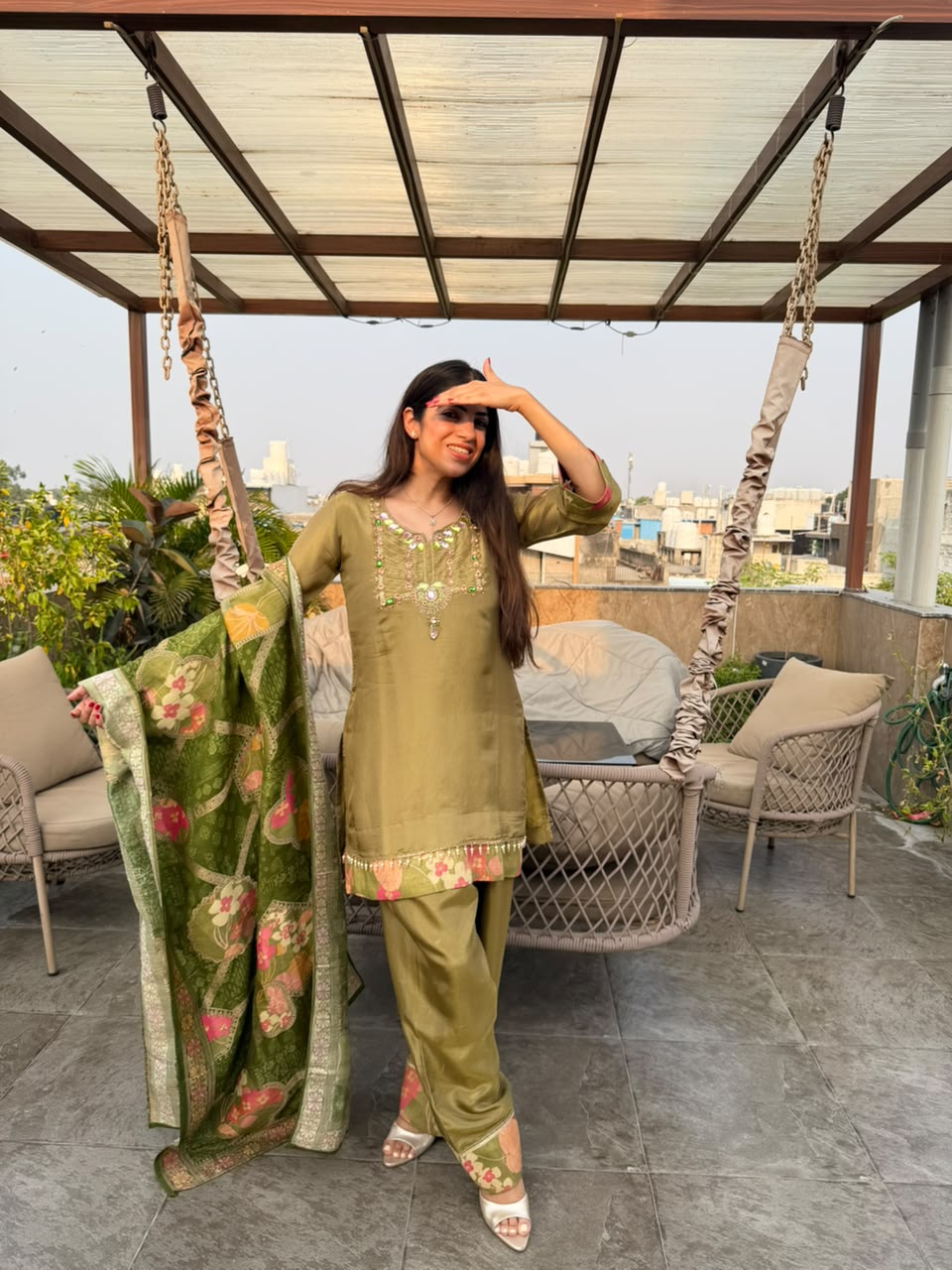 Pure cosmo fabric farshi set with handwork & digital dupatta