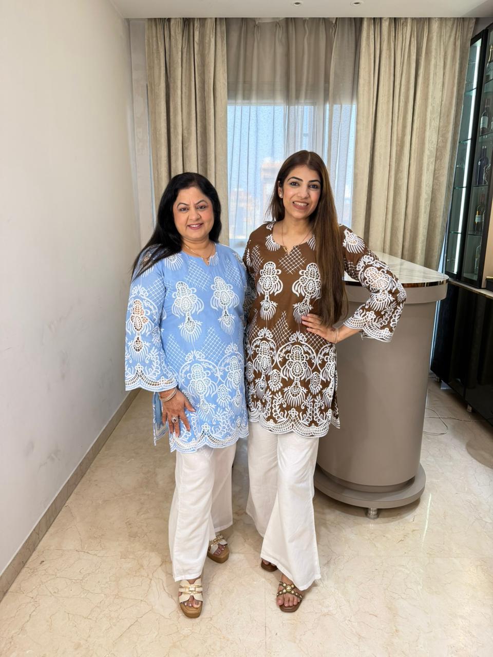 Pure mul cotton shifli designe front and back 2,pc co-rd with bell bottom