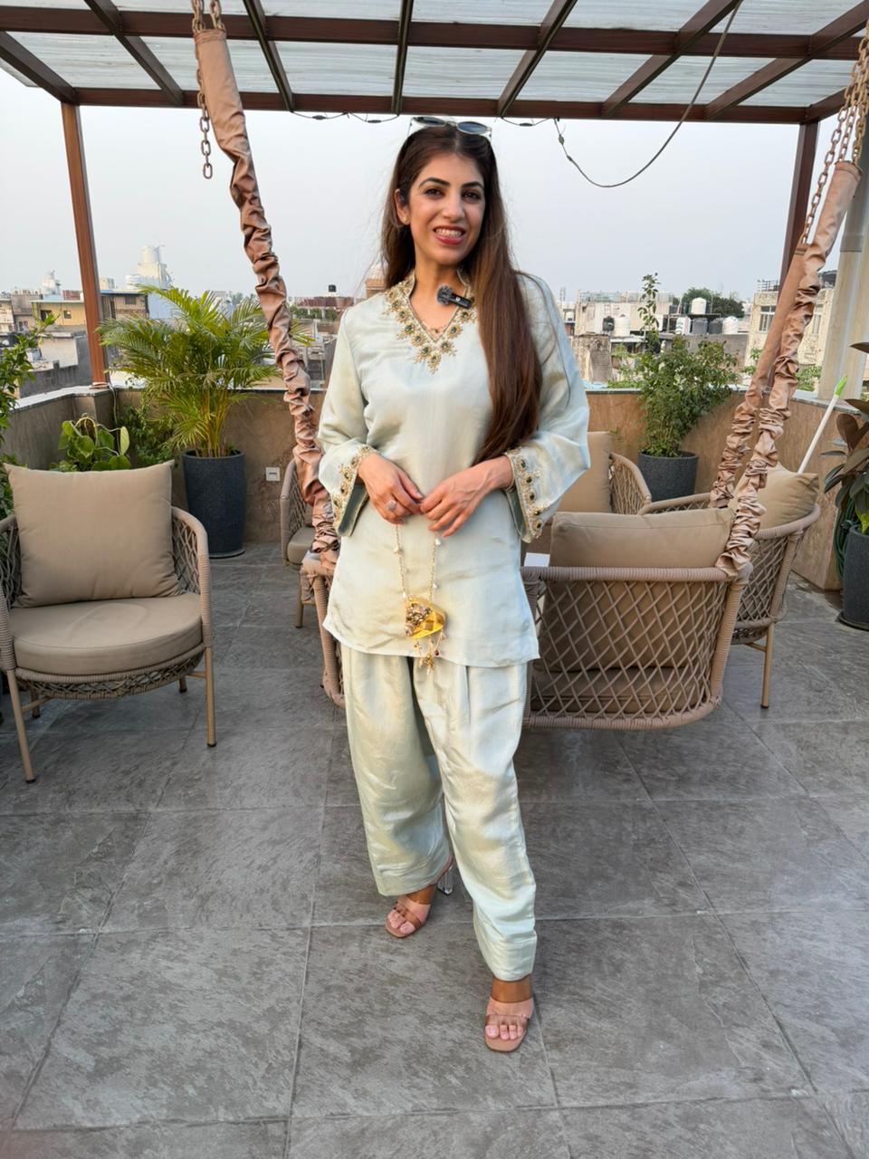 Shimmer tissue partywear 2 pc farshi set with emerald green stone work