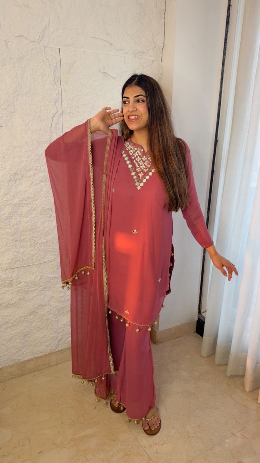 Pure viscose georgette- 3pc, partywear suit with bell bottom plazo and neckline mirror work and handwork