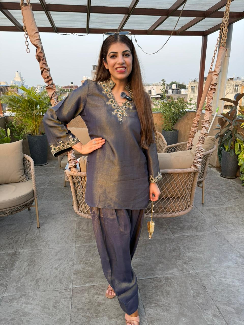 Shimmer tissue partywear 2 pc farshi set with emerald green stone work