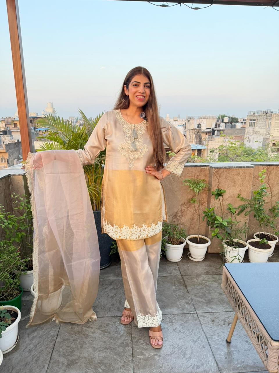 Pure banarasi silk 3pc set  with moti work- neck sleeves nd plazo all over with organza dupatta