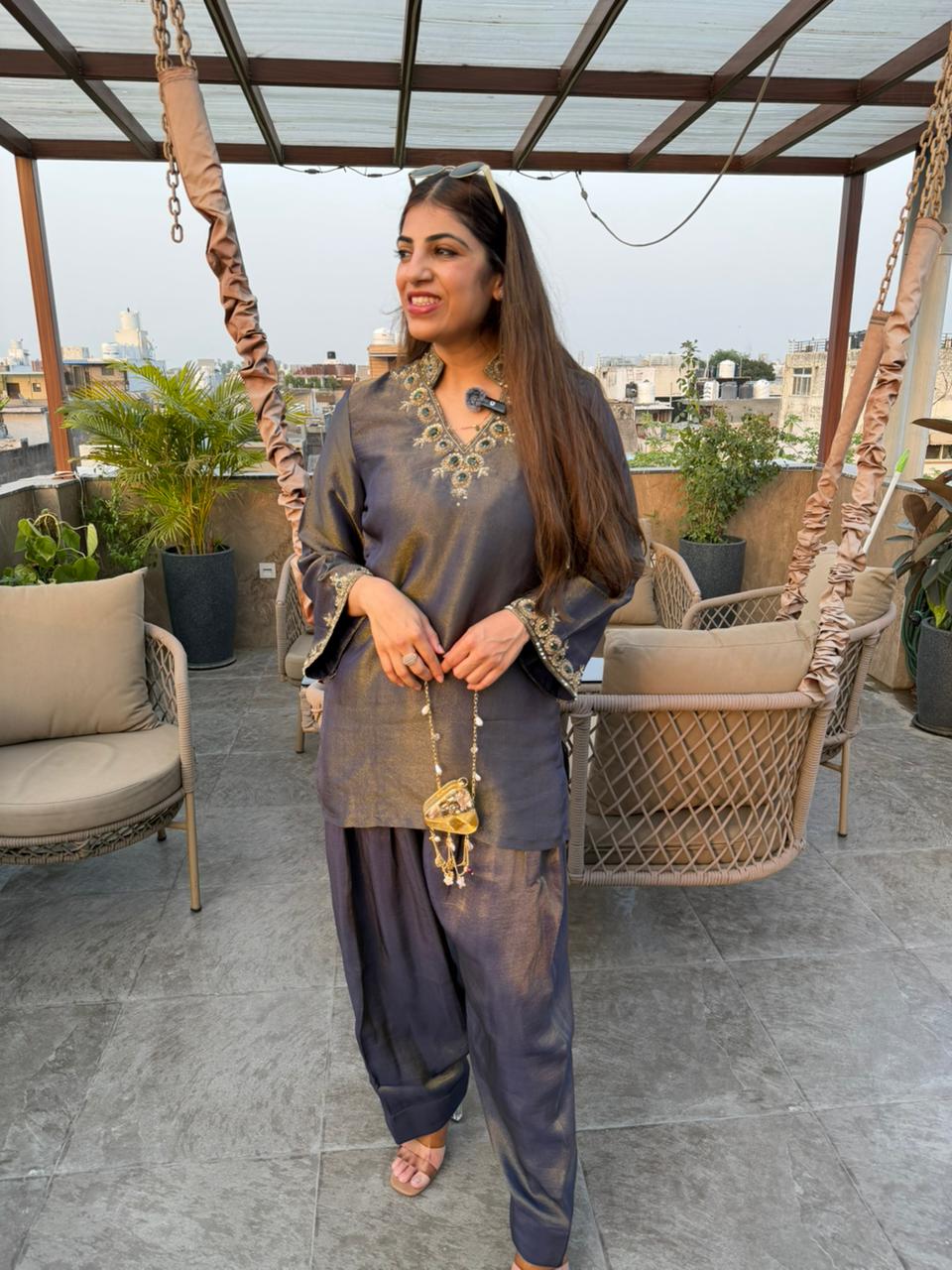 Shimmer tissue partywear 2 pc farshi set with emerald green stone work