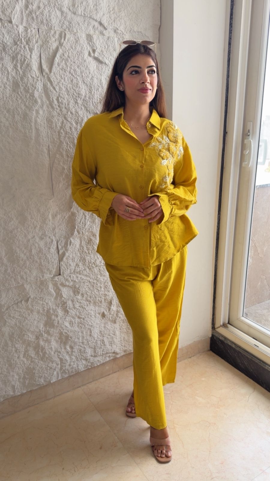 Linen cotton 2 pc embroidered co-ord set with belt (can fit upto xxl)