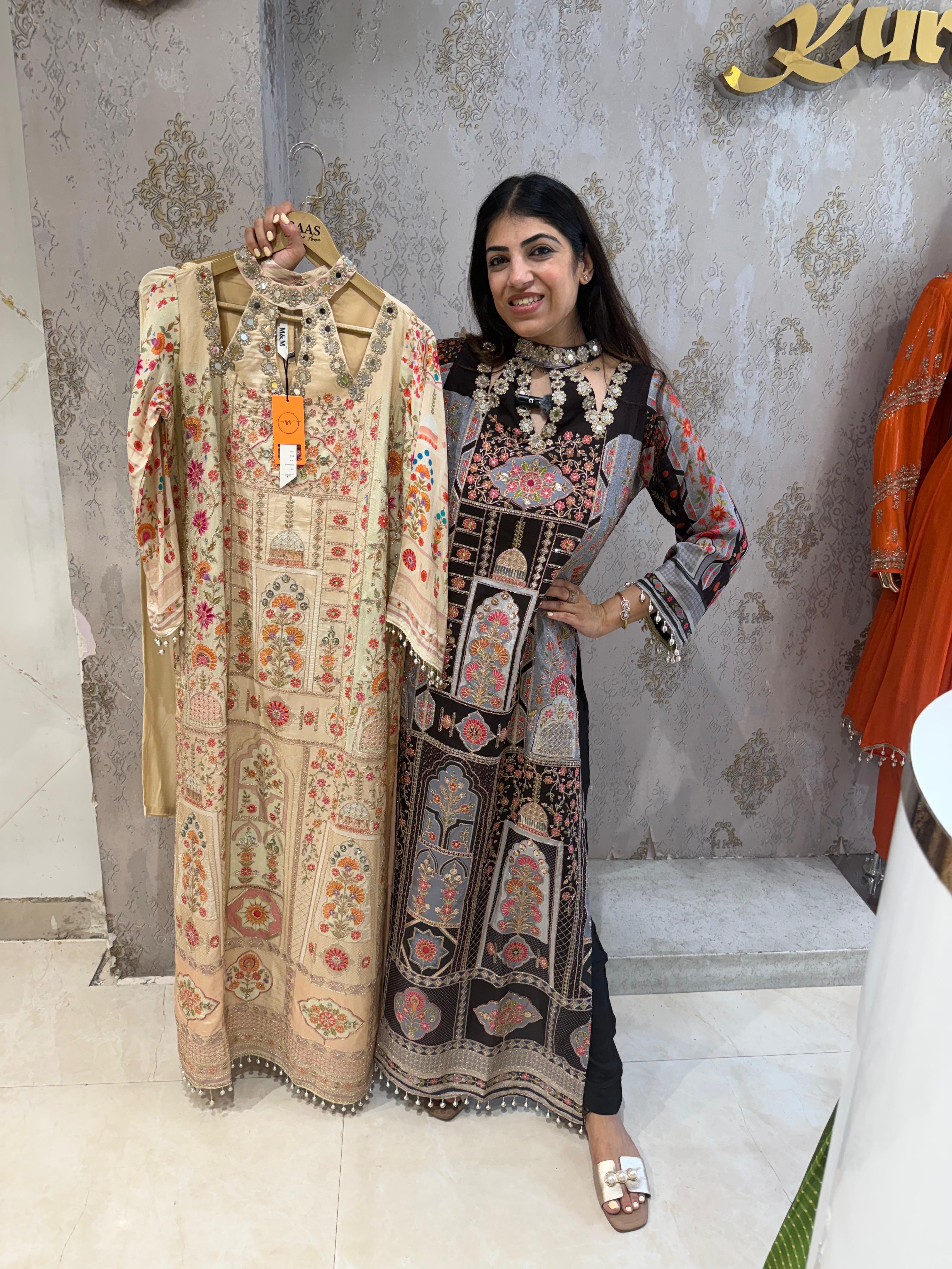 Pure muslin embroidery Pakistani phiran set side silt-cut with pant