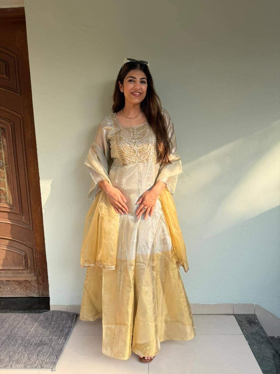 Pure chanderi silk long dress with organza duppata