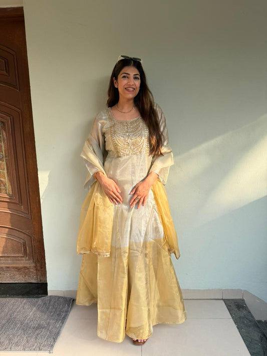 Pure chanderi silk long dress with organza duppata