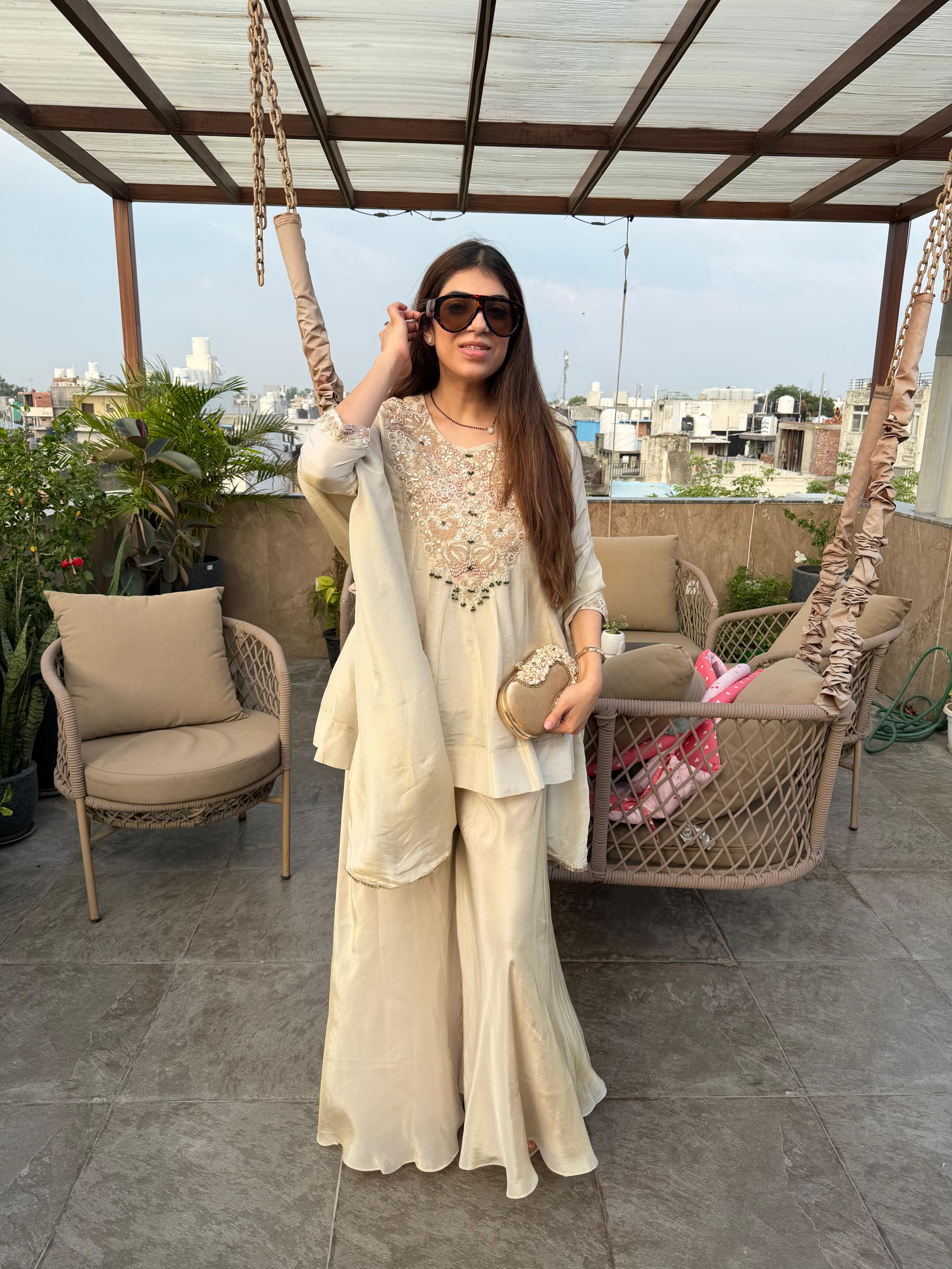 Pure shimmer tissue,peplum kurta plazo 3,peice set with all Zardozi work